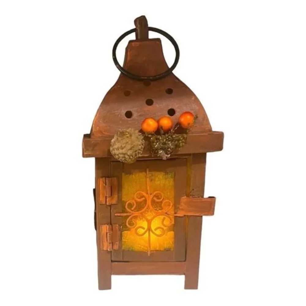 Decoupaged and Hand-Painted Candle Metal Lantern Candle Holder For Fall Decor